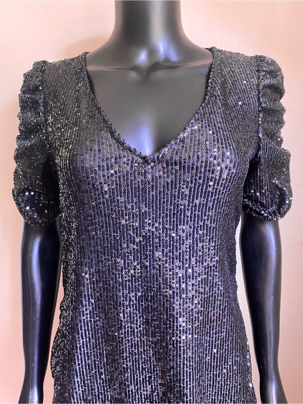 MARINA Black Ribbed Sparkling Sequin Mini Dress - Picture 3 of 11